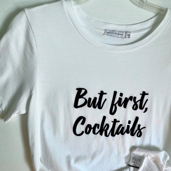 SOUTH PARADE Lola Top But First Cocktails Short Sleeve Cotton Tee White Black XS - Picture 7 of 9
